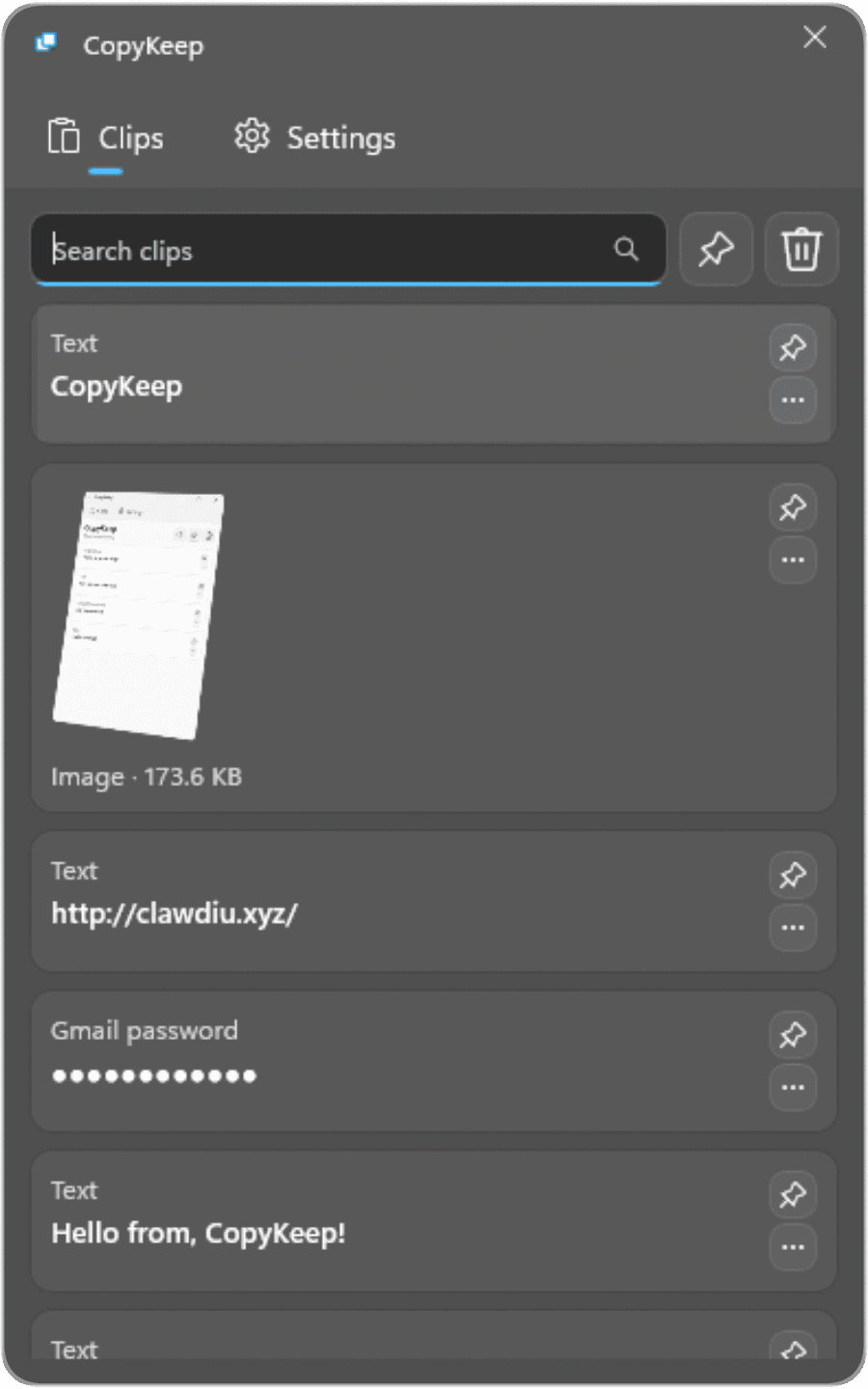CopyKeep's clip list in dark theme, with the search box beside the pin and clear buttons, an image clip showing a thumbnail, and a masked password clip.