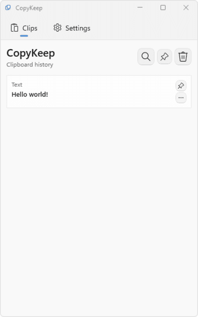 CopyKeep clipboard list with one text clip: Hello world!