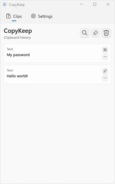 CopyKeep history with a masked password clip and a pinned Hello world clip.