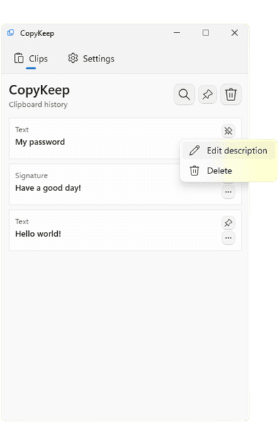 CopyKeep clips list with Text and Signature items, pin actions, and overflow menu.