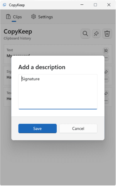 CopyKeep “Add a description” dialog over the clips list.