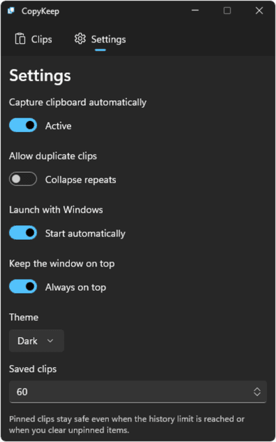 CopyKeep Settings in dark theme with capture, startup, always on top, and theme options.