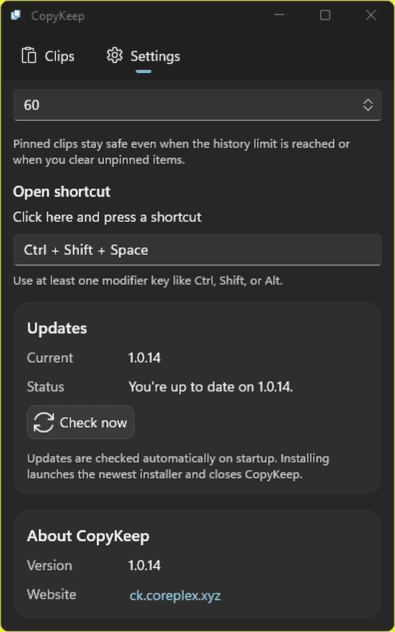 CopyKeep Settings with keyboard shortcut, updates, and about section.