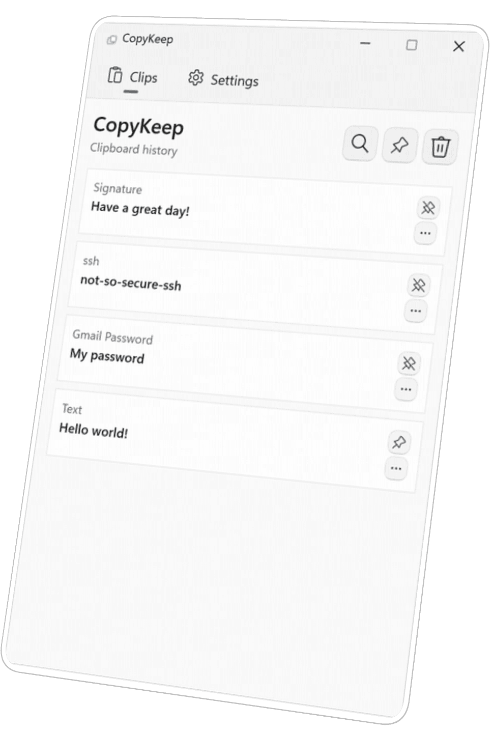 CopyKeep Settings with keyboard shortcut, updates, and about section.